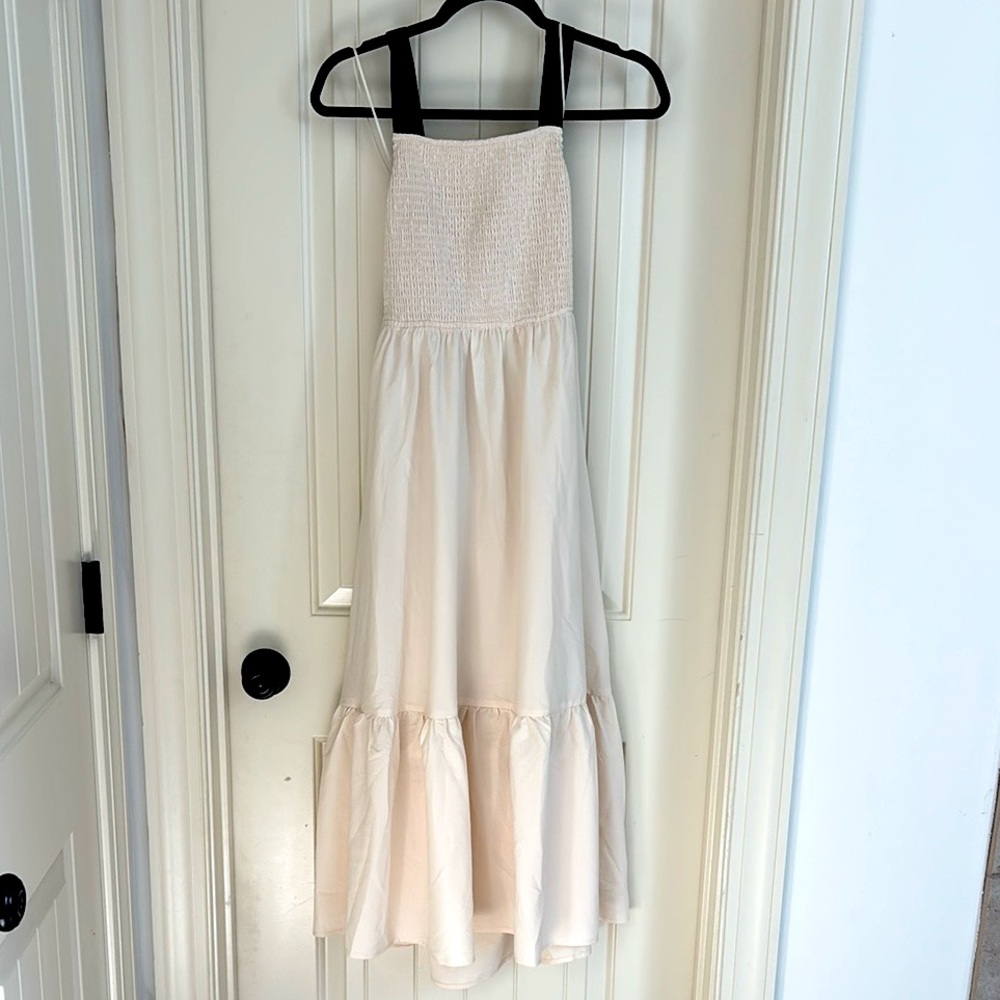 Open Back,  Contrast strap and tie-back, cream dress